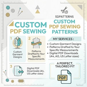 May include: An infographic advertising custom PDF sewing patterns. It includes illustrations of garment designs, measurement guides, and digital downloads. Text includes "Custom PDF Sewing Patterns," "My Services," and "A Perfect, Tailored Fit."
