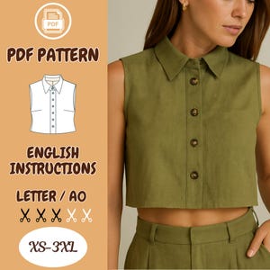 May include: An olive green sleeveless collared shirt with brown buttons. The image also includes a PDF pattern graphic with the text "PDF PATTERN", "ENGLISH INSTRUCTIONS", and size range "XS-3XL".