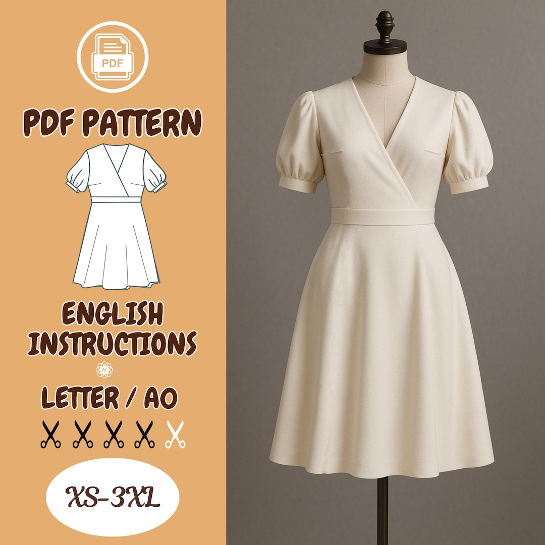 Surplice Dress Sewing Pattern, Cottagecore Bishop Sleeve Dress Pattern ...