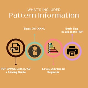 May include: An informational graphic titled Pattern Information on a tan background. It lists sizes XS-XXXL, PDF formats including A4, US Letter, and A0, a sewing guide, an advanced beginner skill level, and notes that each size is in a separate PDF.
