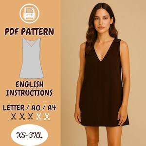 Peut inclure: Un patron PDF pour une robe sans manches avec un col en V. Le patron comprend des instructions en anglais et est disponible dans les tailles XS-3XL. Le patron est disponible dans les formats Letter, AO et A4.