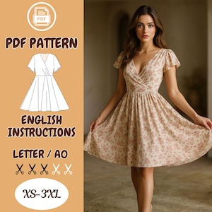 May include: A woman wearing a beige floral print dress with a V-neck and short sleeves. The image also shows a PDF pattern with the text "PDF PATTERN", "ENGLISH INSTRUCTIONS", and size range "XS-3XL".