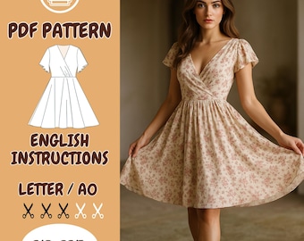 Romantic Wrap Dress Sewing Pattern – Cottagecore Sundress, Flutter Sleeve, Midi, V-Neck Vintage Summer Bridesmaid