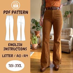 May include: A pair of brown corduroy flare pants. The pants are high-waisted with a wide leg. The image also shows a PDF pattern with the text "PDF PATTERN", "ENGLISH INSTRUCTIONS", and "XS-3XL".