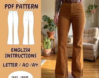 Puede incluir: Pantalones acampanados de pana marrón. Los pantalones de cintura alta tienen una pernera ancha. La imagen también muestra un patrón PDF con el texto "PDF PATTERN", "ENGLISH INSTRUCTIONS" y "XS-3XL".