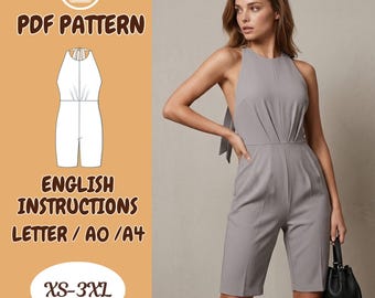 Halter Neck Bodysuit Jumpsuit Sewing Pattern, Backless Back Tie Playsuit Pattern, Romper