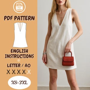 Patrón de costura para vestido de lino con escote en V – PDF – Patrón de minivestido sin mangas para tallas XS-3XL – Tallas A0 y Carta – Apto para principiantes – Vestido playero de verano