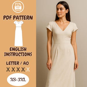 以下が含まれることがあります： ベージュのVネックドレスを着た女性。ドレスは半袖で、ウエストがフィットし、スカートはフレアです。画像には、「PDF PATTERN」、「ENGLISH INSTRUCTIONS」、「LETTER / AO」、「XS-3XL」というテキストが表示されたPDFパターンも含まれています。