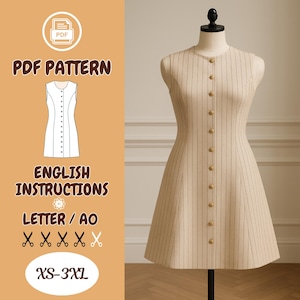 Puede incluir: Un patrón de costura PDF para un vestido sin mangas con cierre de botones en la parte delantera. El vestido es a rayas y tiene un corpiño ajustado y una falda acampanada. El patrón incluye instrucciones en inglés y está disponible en tallas XS-3XL.