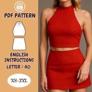 May include: A red halter top and matching mini skirt. The outfit is shown on a person. The image also includes a PDF pattern with English instructions, and the size range is XS-3XL.