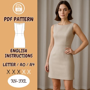 Könnte beinhalten: Ein PDF-Schnittmuster für ein ärmelloses Kleid mit Rundhalsausschnitt und figurbetonter Silhouette. Das Schnittmuster enthält englische Anleitungen und ist in den Größen XS-3XL erhältlich.