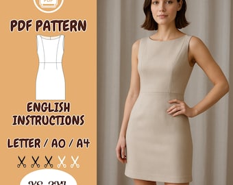 Könnte beinhalten: Ein PDF-Schnittmuster für ein ärmelloses Kleid mit Rundhalsausschnitt und figurbetonter Silhouette. Das Schnittmuster enthält englische Anleitungen und ist in den Größen XS-3XL erhältlich.