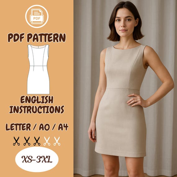 Princess Seam Dress Sewing Pattern PDF | Fitted Mini skirt | Sleeveless  | Sizes XS–3XL | Linen