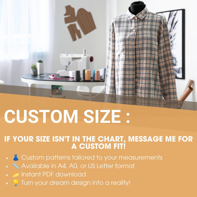 May include: A long-sleeved button-down shirt with a beige and blue plaid pattern on a mannequin. The image includes text: CUSTOM SIZE: IF YOUR SIZE ISN'T IN THE CHART, MESSAGE ME FOR A CUSTOM FIT! Custom patterns tailored to your measurements.