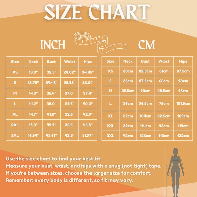 May include: Size chart for clothing with measurements in inches and centimeters. The chart includes neck, bust, waist, and hip measurements for sizes XS to 3XL.