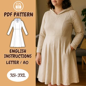 Op de afbeelding: Een beige jurk met capuchon, lange mouwen en zakken. De jurk wordt getoond op een persoon. De afbeelding bevat ook een diagram van de jurk en de tekst "PDF PATTERN", "ENGLISH INSTRUCTIONS" en "XS-3XL".