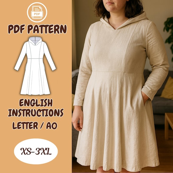 plus size skater dress sewing pattern Hooded Skater Dress Sewing Pattern PDF – Long Sleeve Fit and Flare Dress, Plus  Size