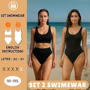 May include: Two women modeling black swimwear on a beach. One wears a two-piece set, the other a one-piece. The image includes a diagram of the swimwear, text that says "SET SWIMWEAR", "ENGLISH INSTRUCTIONS", and "XS-3XL".