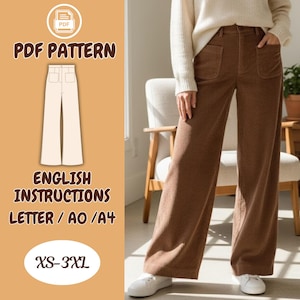 Peut inclure: Un patron PDF pour un pantalon en velours côtelé à jambes larges. L'image montre un pantalon en velours côtelé marron avec des poches avant et un modèle le portant. Le patron comprend des instructions en anglais et est disponible en tailles XS-3XL.