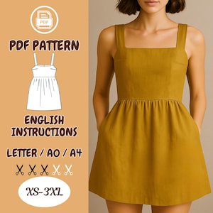 Patrón de costura para minivestido de lino en PDF para mujer con escote cuadrado, tirantes anchos y bolsillos, talla XS-3XL, talla A4, talla A0, talla Carta.