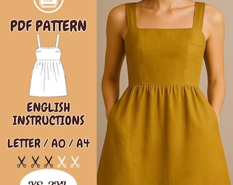 Mini Linen Dress Sewing Pattern PDF, Square Neckline and Wide Straps, Pockets Summer Dress