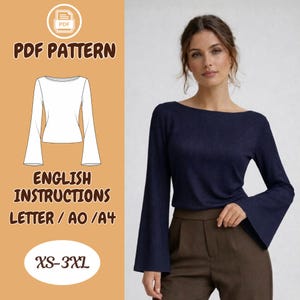 May include: A navy blue top with a boat neck and flared sleeves. The image includes a PDF pattern with English instructions for sizes XS-3XL.