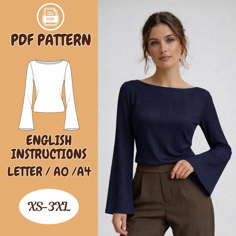 May include: A navy blue top with a boat neck and flared sleeves. The image includes a PDF pattern with English instructions for sizes XS-3XL.