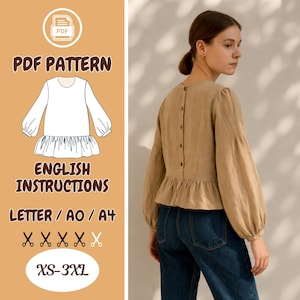 Linen Blouse Sewing PDF Pattern– Bishop 3/4 Sleeve Peplum Top, Buttons, Loose Fit Shirt