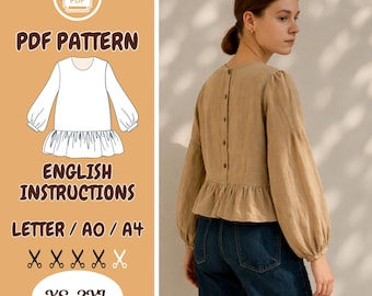 Molde em PDF para blusa de linho – Blusa peplum com mangas 3/4 estilo bispo, botões e modelagem solta.