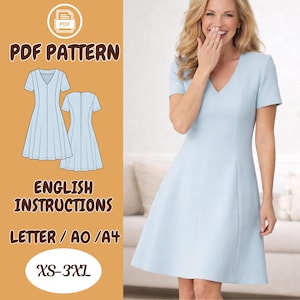 May include: A light blue V-neck dress with short sleeves and a flared skirt. The image includes a PDF pattern illustration of the dress and text that reads "PDF Pattern", "English Instructions", and "XS-3XL".