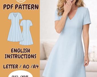 Short Sleeve V-Neck Dress Sewing Pattern PDF, Fit And Flare, Princess-Seam Dress, A-Line