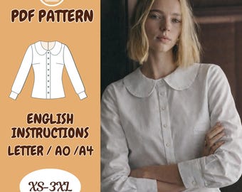 Peter Pan Women Blouse Pattern, Long Sleeve Shirt, PDF Sewing Pattern