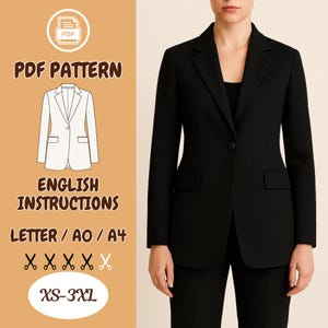 Patrón de costura de blazer clásico en PDF / Chaqueta a medida para mujer / Tallas XS-3XL / A4 (US Carta A0) / Descarga instantánea / Costura de blazer para mujer