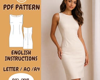 Patrón de costura en PDF para vestido tubo sin mangas, vestido ajustado tipo lápiz con escote barco, tallas XS a 3XL