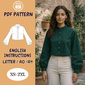 Könnte beinhalten: Ein PDF-Schnittmuster mit englischer Anleitung für ein kurzes, grünes Hemd mit Knöpfen und langen, gerafften Ärmeln. Das Muster umfasst die Größen XS-3XL. Das Bild zeigt auch eine Frau, die das fertige Hemd trägt.