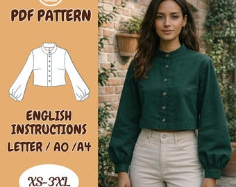 Cropped Blouse with Bishop Sleeve Sewing Pattern, Button Up Top, High Collar Shirt, XS-3XL