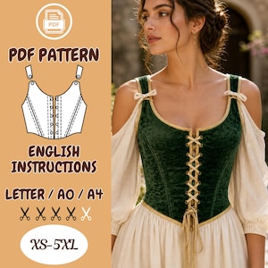 May include: A PDF pattern for a corset with English instructions. The image shows a woman wearing a green velvet corset with gold trim and a cream-colored dress. The pattern includes sizes XS-5XL and is available in Letter, AO, and A4 formats.