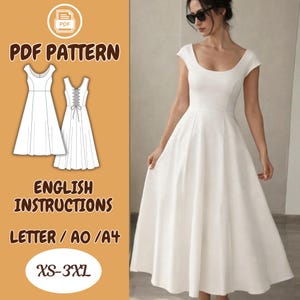 May include: A white dress with a square neckline and cap sleeves. The dress has a fitted bodice and a flared skirt. The image also includes a PDF pattern with English instructions, available in sizes XS-3XL.