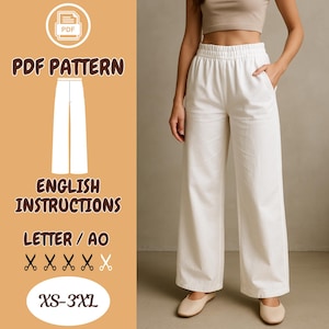 Pode incluir: Calças brancas de perna larga com cós elástico. A imagem também apresenta o texto "PDF PATTERN", "ENGLISH INSTRUCTIONS", "LETTER / AO" e "XS-3XL". As calças são mostradas em uma pessoa.