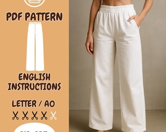 Hose Damen Schnittmuster-Strick, Baggy, Palazzo, PDF, Pyjama, Custom Fit, weites Bein, Taschen