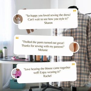 Pode incluir: Um manequim vestindo uma camisa xadrez est&aacute; ao lado de tr&ecirc;s depoimentos de clientes. Os depoimentos est&atilde;o em bal&otilde;es de fala e incluem cita&ccedil;&otilde;es sobre costurar um vestido, cal&ccedil;as e uma blusa. As cita&ccedil;&otilde;es s&atilde;o atribu&iacute;das a Sharon, Melanie e Rachel.