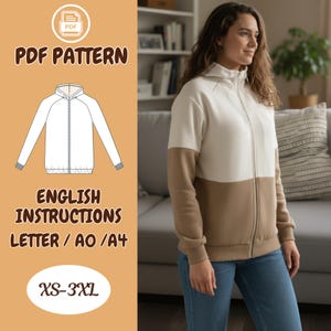 Può includere: Una felpa con cappuccio e zip bicolore color crema e marrone. L'immagine presenta anche un modello PDF con il testo "PDF PATTERN", "ENGLISH INSTRUCTIONS" e "XS-3XL". La persona indossa jeans blu.