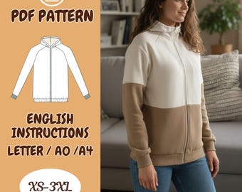 Zip Up Hoodie Sewing Pattern, Elastic Cuffs, Sweatshirt Women,  Jacket, Zipper Hoodie Pattern