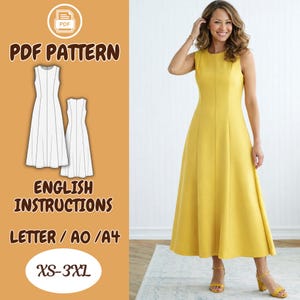 Peut inclure: Une robe midi jaune sans manches avec une jupe évasée. L'image présente également un patron PDF avec des instructions en anglais pour la robe, disponible en tailles XS-3XL. Le texte sur le patron indique "PDF Pattern" et "English Instructions".