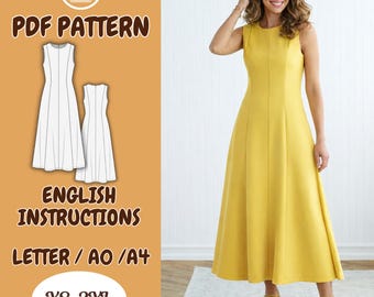 Princess-Seam Dress, Long Sleeveless, A-Line, Woven Fabric, Maxi Flared PDF Sewing Pattern