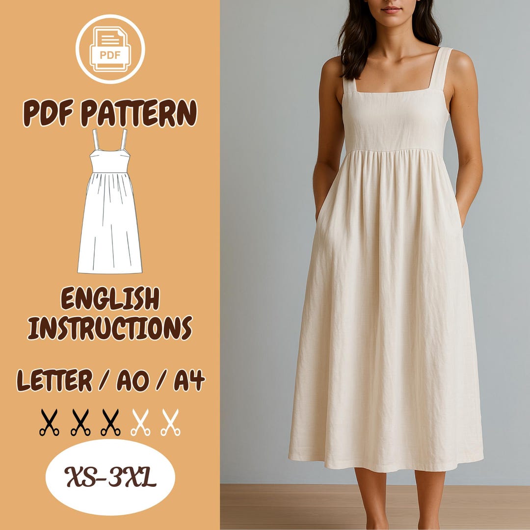 Linen Midi Dress Sewing Pattern | Square Neck Summer | Pockets ...