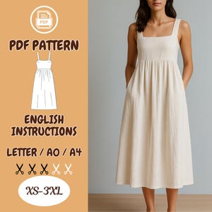 May include: A PDF sewing pattern for a simple, sleeveless, cream-coloured midi dress with a gathered skirt. The pattern includes English instructions and is available in sizes XS-3XL. The pattern is printed on letter, A0, or A4 paper.