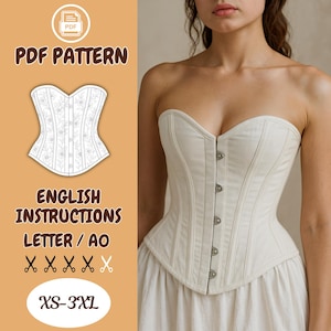 Puede incluir: Un corsé color crema con escote corazón y botones plateados. La imagen incluye un gráfico de patrón PDF y el texto "PDF Pattern", "English Instructions" y "XS-3XL". El corsé se muestra en una persona que lleva una falda blanca.