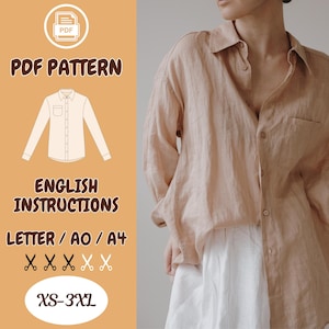 Könnte beinhalten: Ein PDF-Schnittmuster für ein Hemd mit englischen Anweisungen. Das Schnittmuster ist in den Größen XS-3XL erhältlich und kann auf Letter-, A0- oder A4-Papier gedruckt werden.