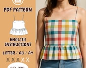 Peplum Tank Top Sewing Pattern – Sleeveless Summer Blouse, Beginner Friendly, Linen Plaid Straps Top